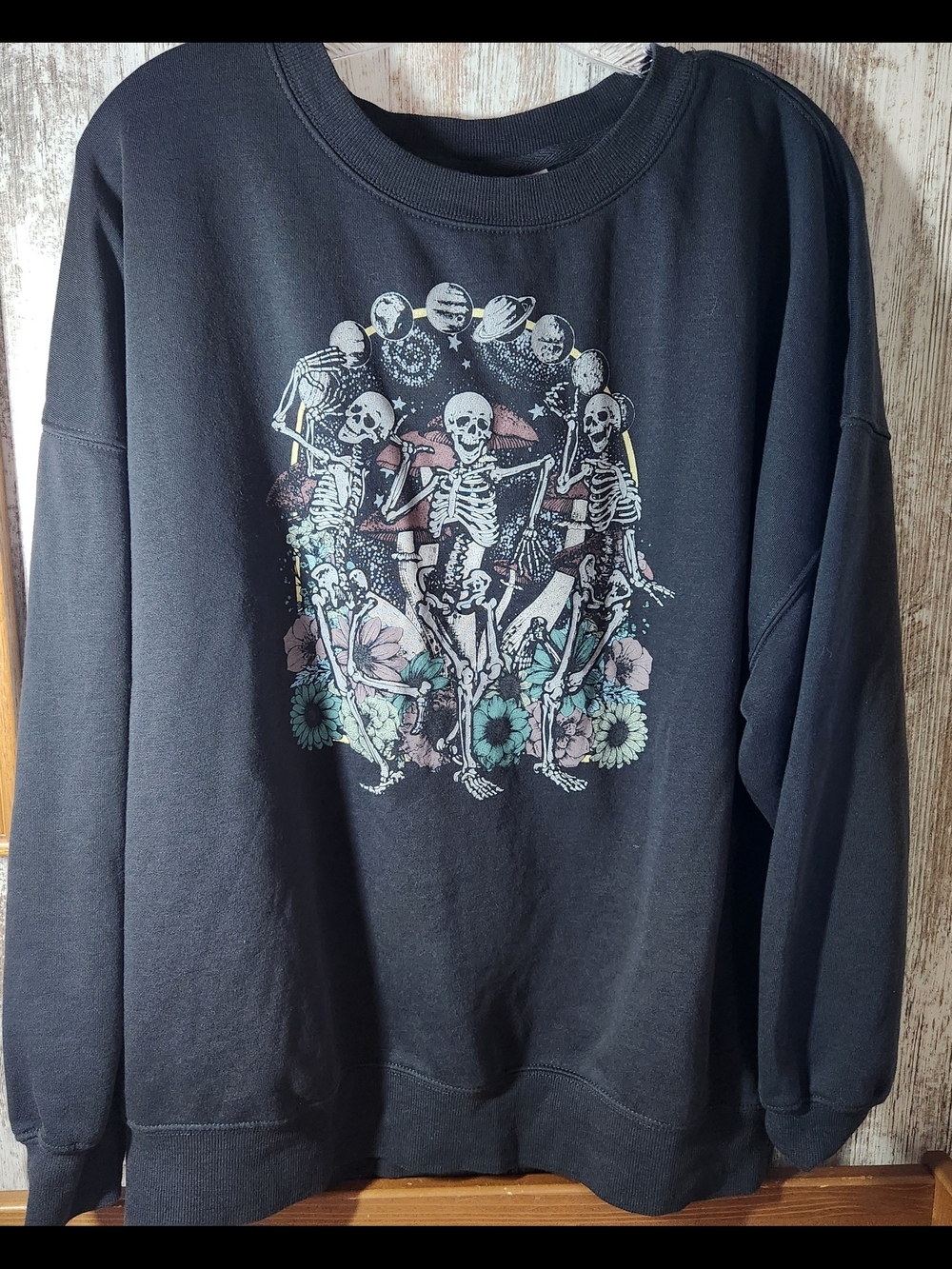 Mighty Fine Black Crewneck Sweatshirt Dancing Skeletons Floral Graphic Hot Topic